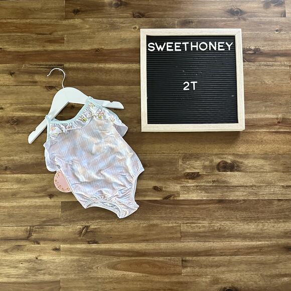 NWT SweetHoney Mary One Piece Swimsuit Ocean Isle Pink Check Green Floral 2T - Picture 1 of 7